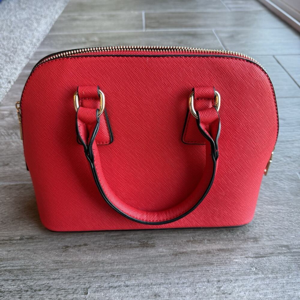 Red Dome Satchel Handbag Crossbody Saffiano Style Gold Hardware Long Strap